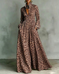 Long Sleeves Buttoned Contrast Color Leopard Pleated Pockets Lapel Maxi Dresses