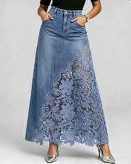 Elegant Lace-trimmed Denim Midi Skirt