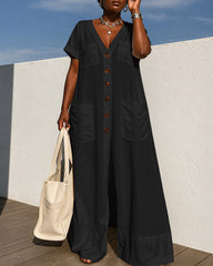 Loose Short Sleeves Buttoned Pockets Solid Color V-Neck Jumpsuits