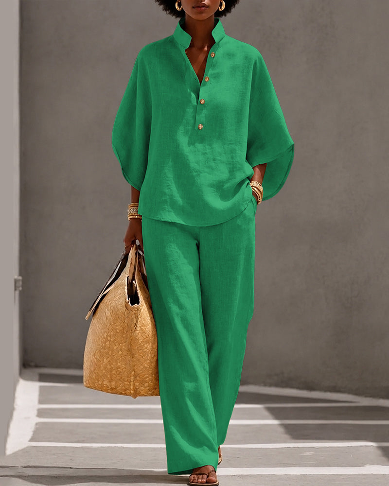 Linen Blend Solid Color Button-down Loose Top and Elastic Waist Pocket Casual Pants Set