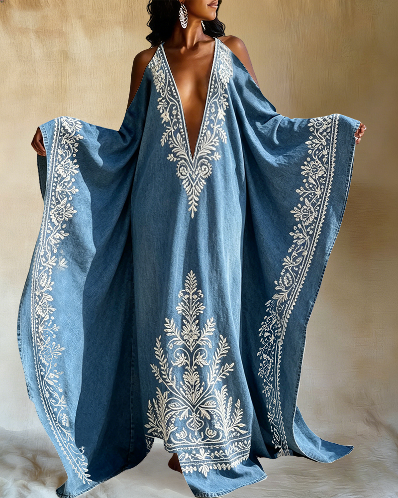 Bohemian White Flowers Off-shoulder V-neck Long Kaftan Dress
