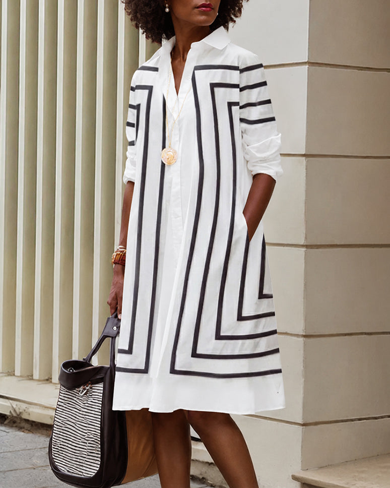 Half Sleeves Loose Buttoned Striped Lapel Midi Dresses Shirt Dress