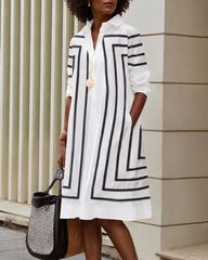 Half Sleeves Loose Buttoned Striped Lapel Midi Dresses Shirt Dress