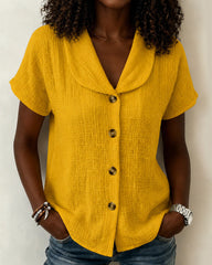 Simple Doll Collar Button Down Short Sleeve Cotton Linen Shirt