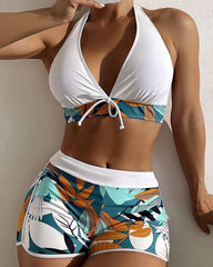 Women's Two-Piece Bikini Halter Padded Printed Shorts