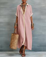 Button-down Collar Striped Color-blocked Cotton Linen Shirt Dress