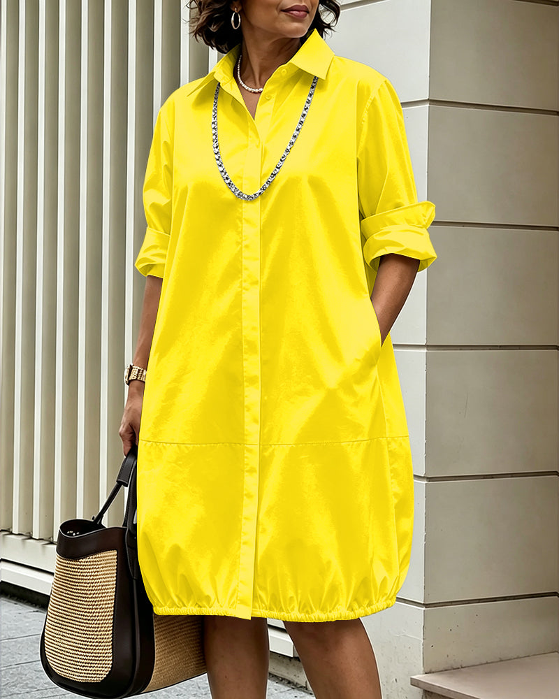Solid Color Long Sleeves Loose Buttoned Pockets Lapel Midi Dresses