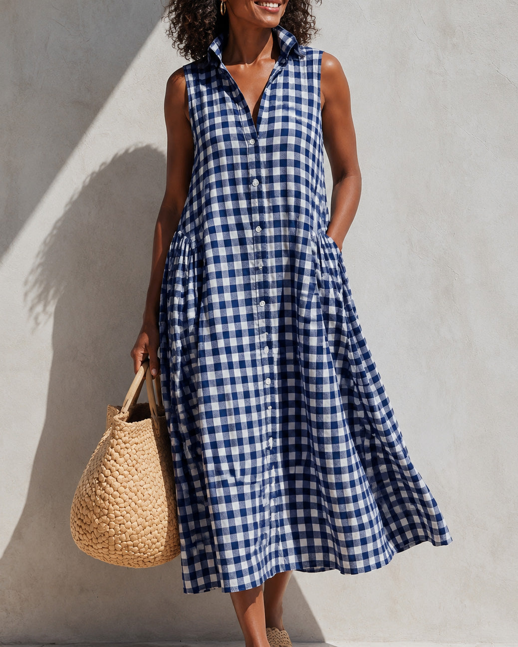 Button Front Collared Classic Plaid Sleeveless Casual Dress