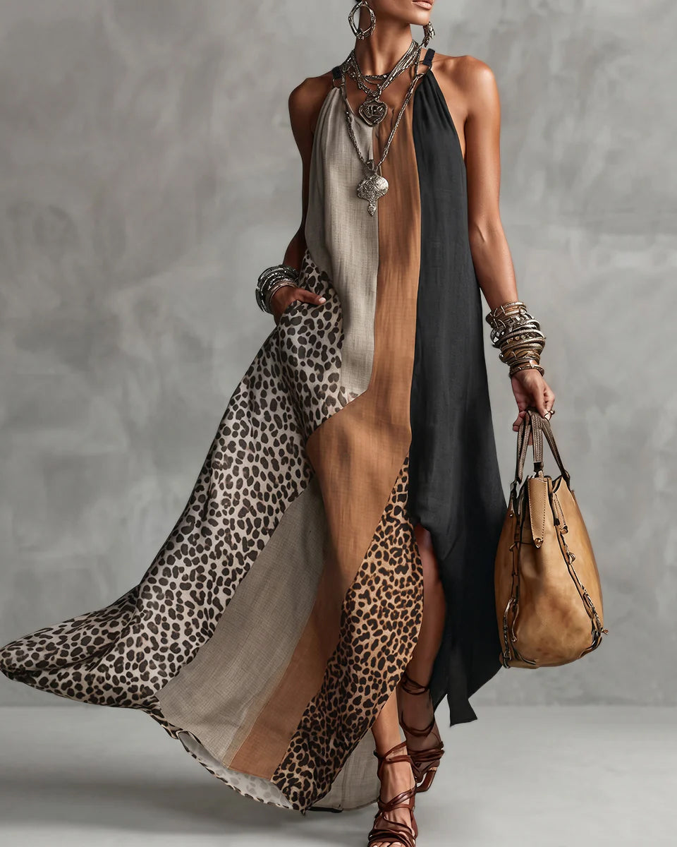 Loose Sleeveless Asymmetric Contrast Color Leopard Pockets Split-Joint Halter-Neck Maxi Dresses