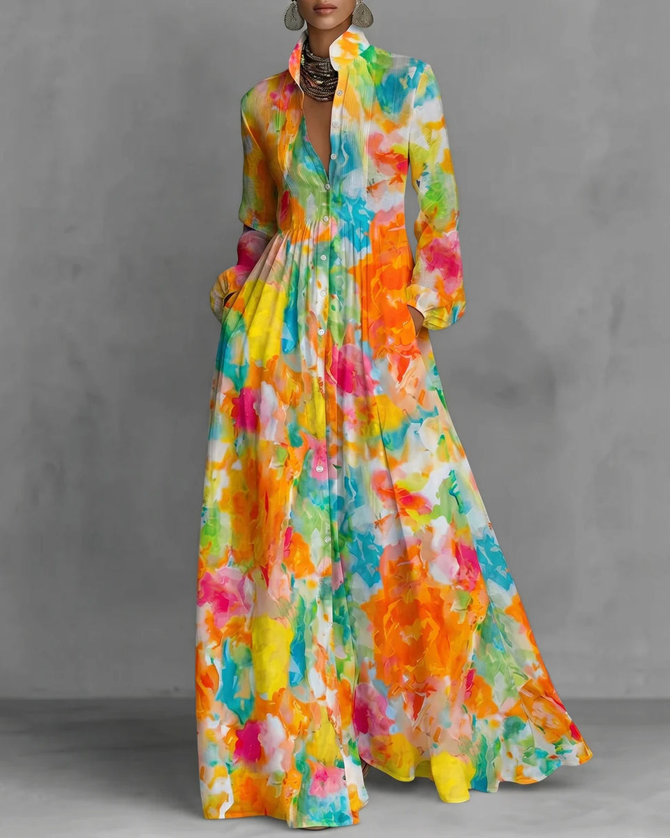 Long Sleeves Buttoned Contrast Color Pleated Pockets Printed Lapel Maxi Dresses Shirt Dress