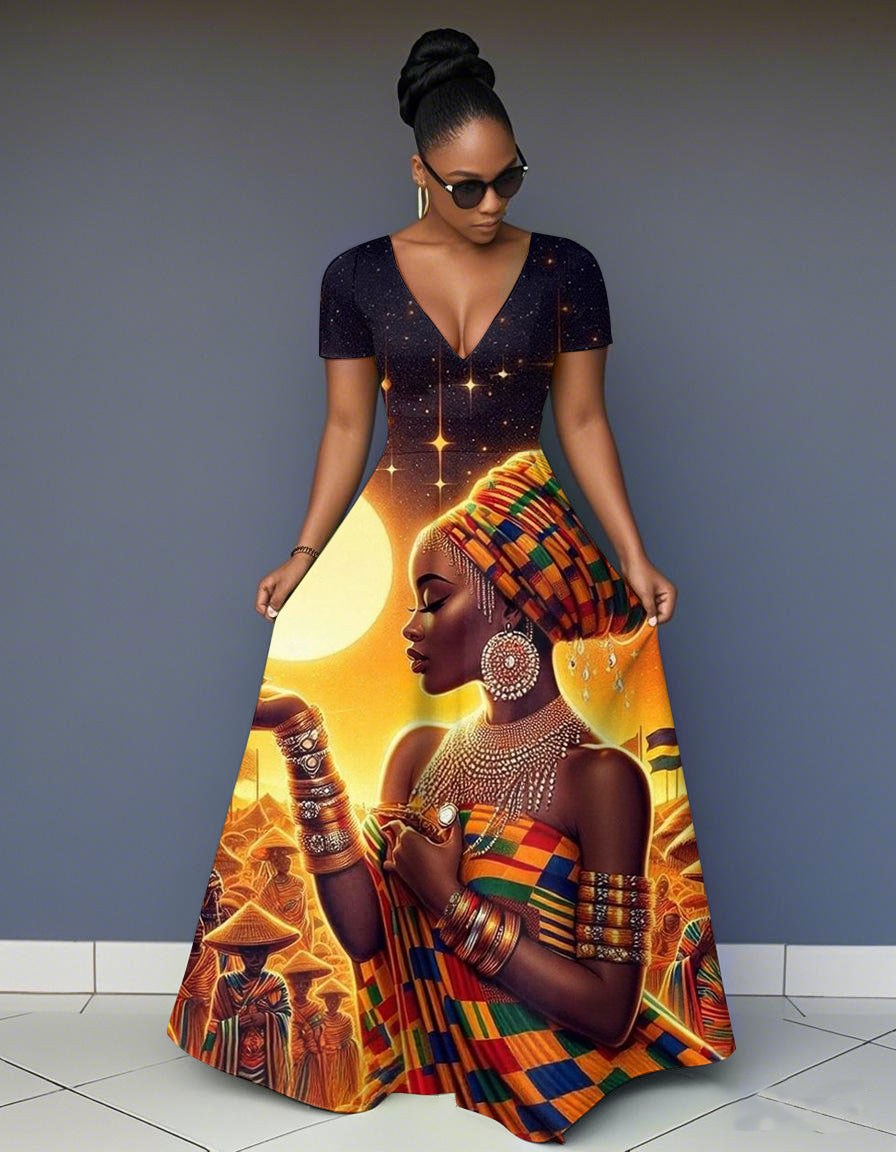 V Neck African Women's Art Short Sleeve Maxi Dress