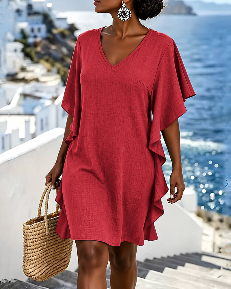 Women's Solid Color V-neck Short-sleeve Casual Loose Cotton-linen Dress