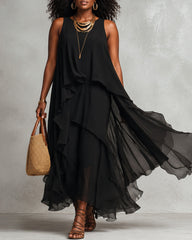 Black Chiffon Layered Round Neck Sleeveless Maxi Dress