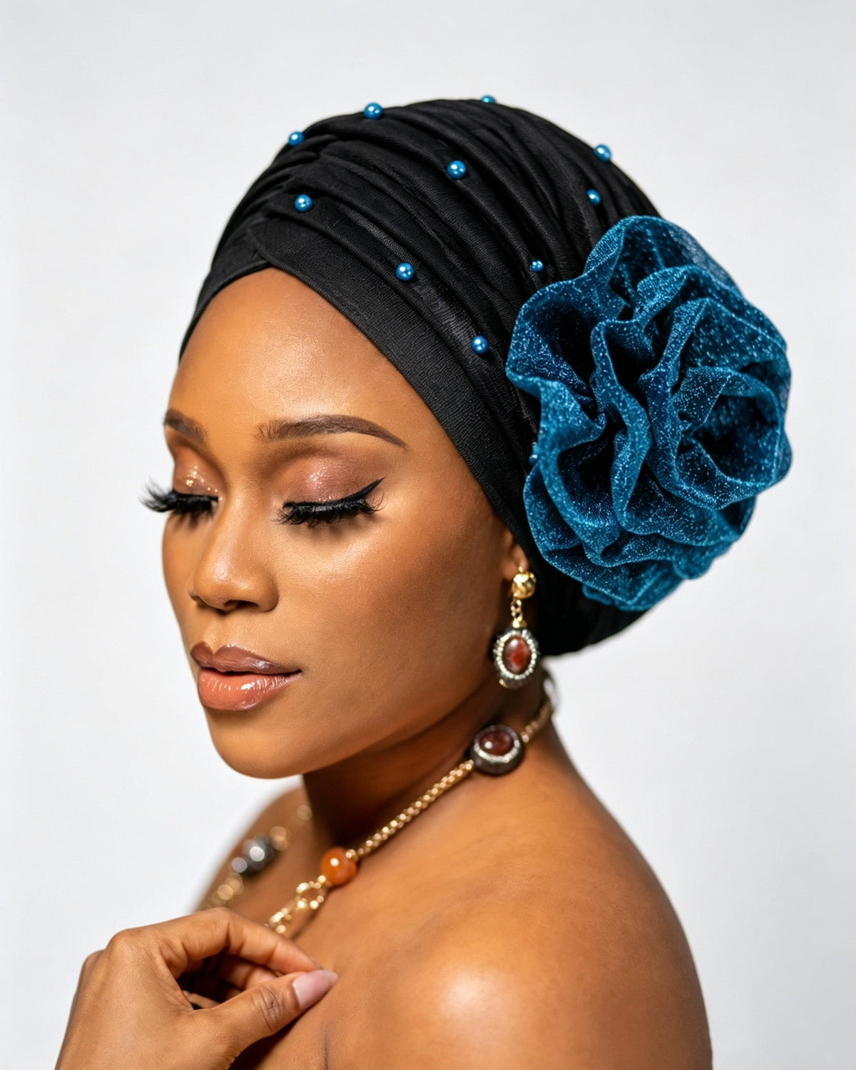 Glitter Beaded Large Flower Turban Head Wrap