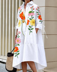 A-Line Half Sleeves Buttoned Flower Print Pockets Split-Joint Tied Lapel Midi Dresses