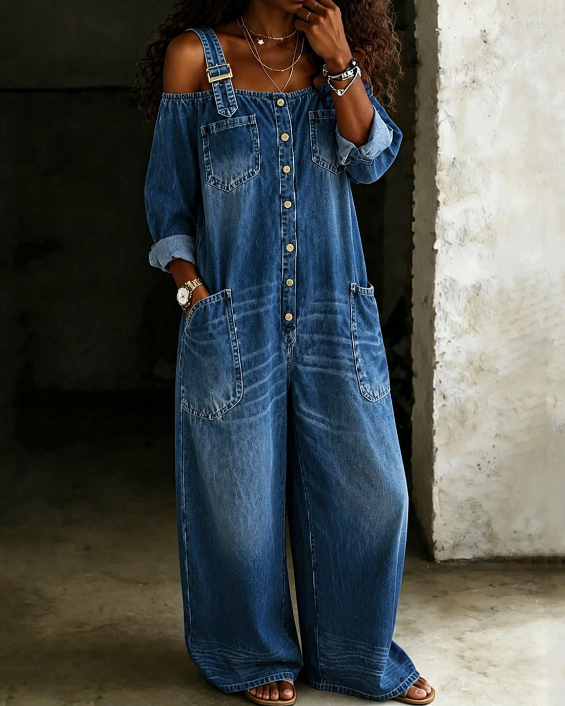 100% Washed Denim Single-breasted Off-shoulder Overall