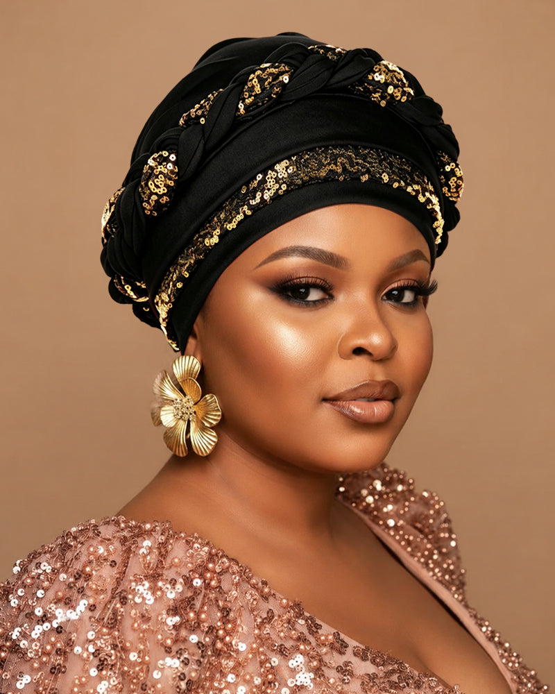 Gold Sequin Braid Turban Hat