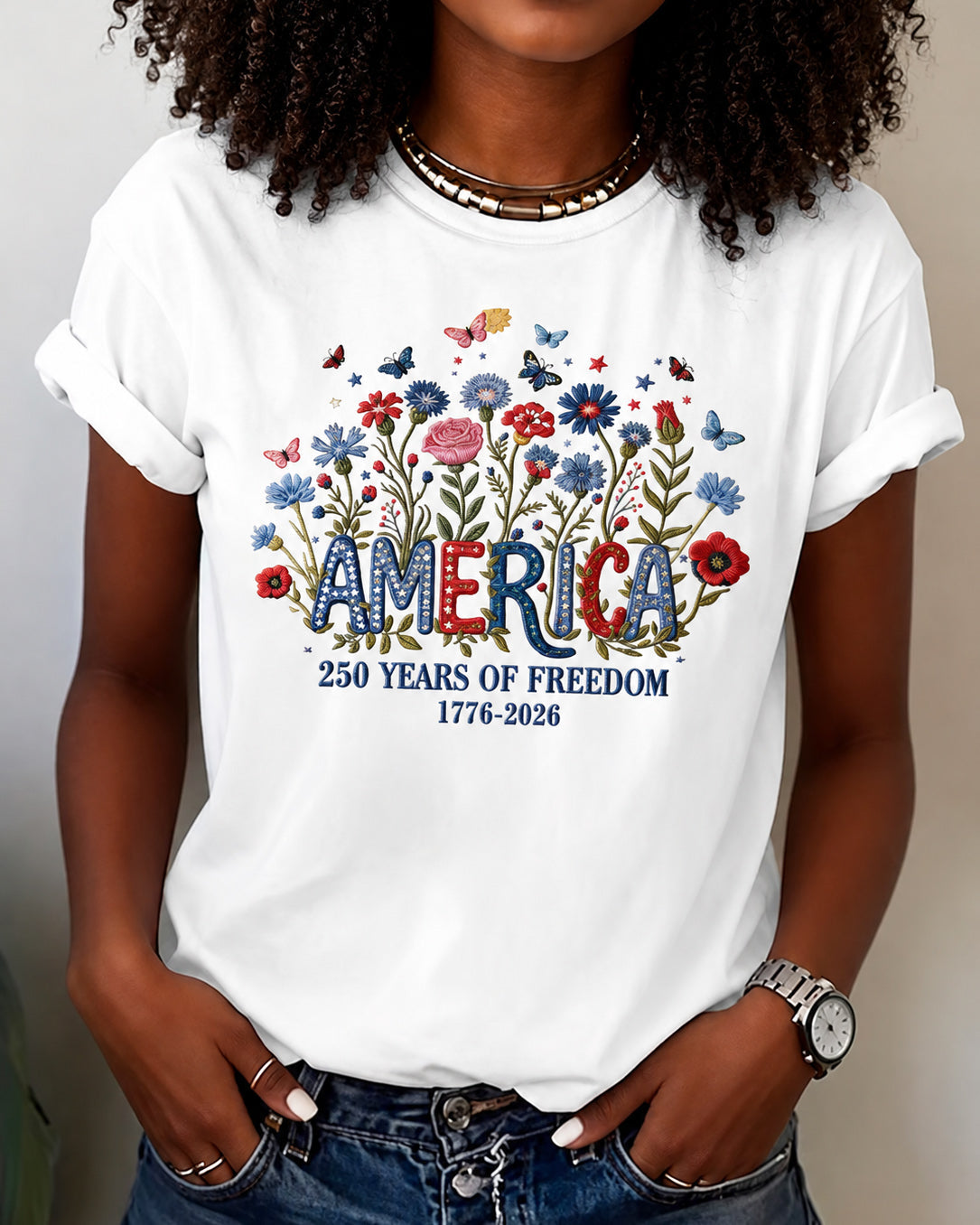 100% Cotton America 250 Years USA Floral Crew Neck Short Sleeve Tshirt