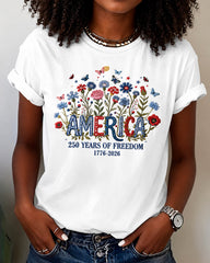 100% Cotton America 250 Years USA Floral Crew Neck Short Sleeve Tshirt