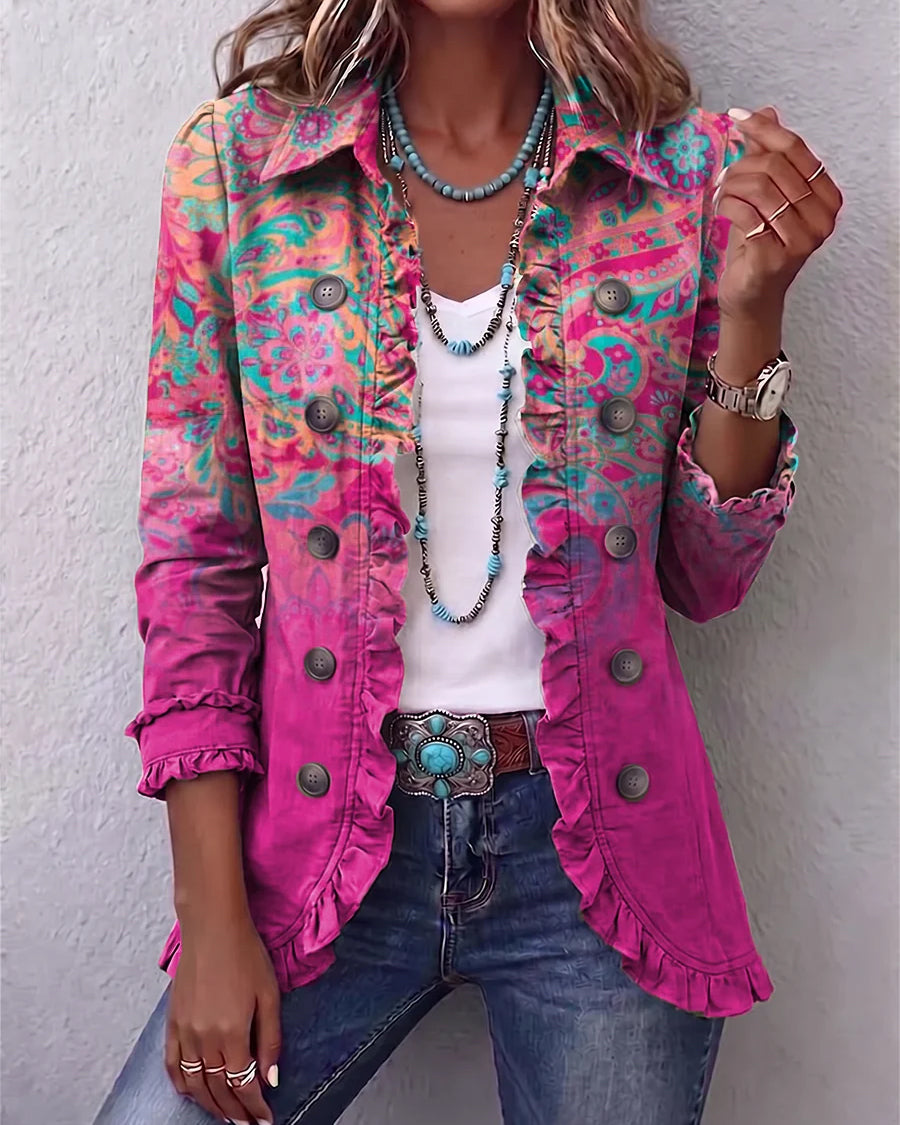 Paisley Gradient Print Linen-cotton Ruffled Jacket