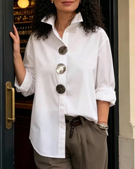 Solid Color Stand Collar Long Sleeve Shirt with Metal Buttons