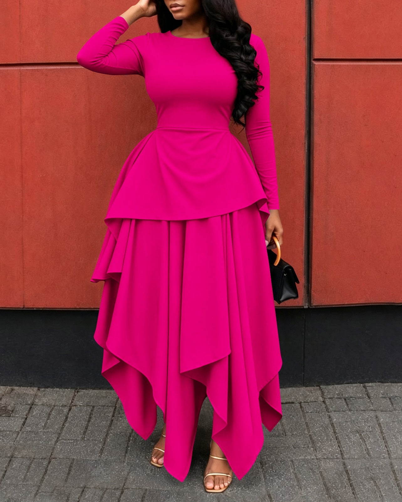 Elegant Long Sleeve Round Neck Layered Irregular Hem Maxi Dress