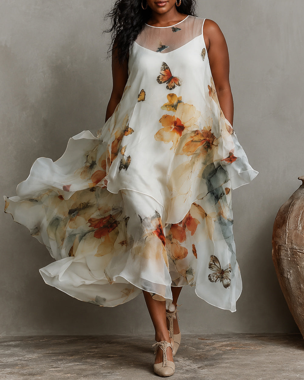 Butterfly Print Casual Crew Neck Flowy Chiffon Maxi Dress