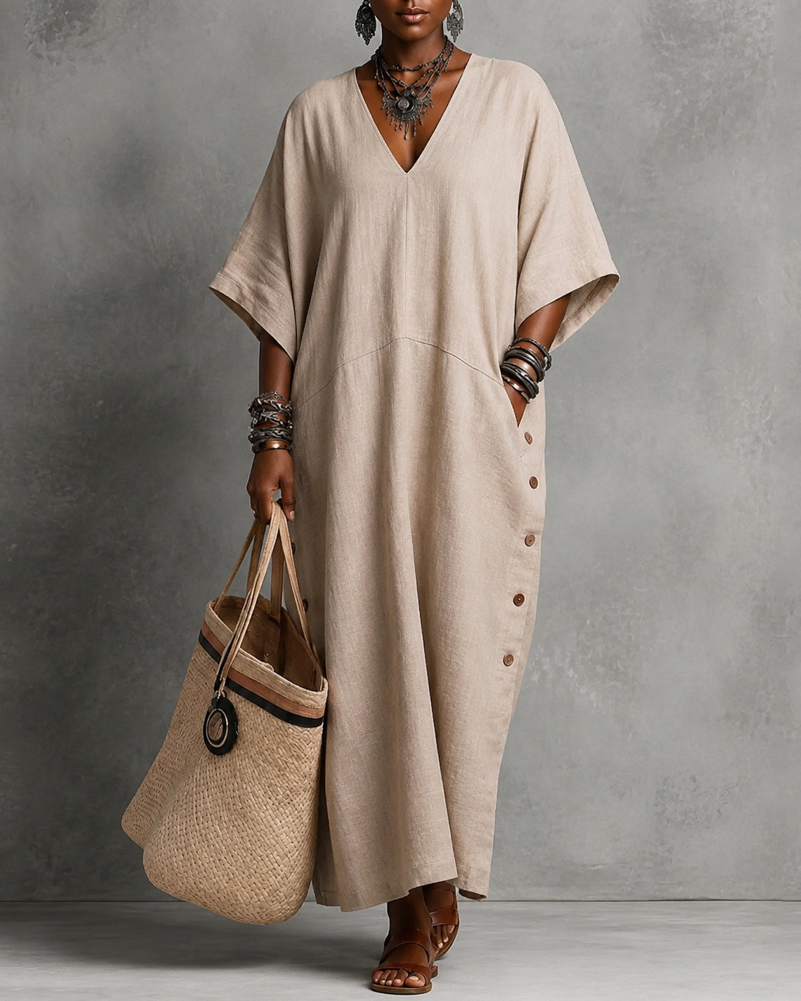 V-neck Solid Color Loose Dress