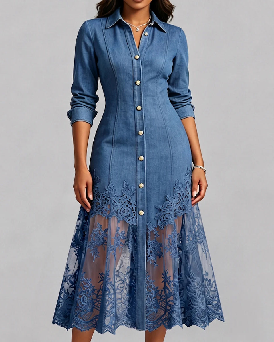 Elegant Sophisticated Denim Dress With A Lace Hem