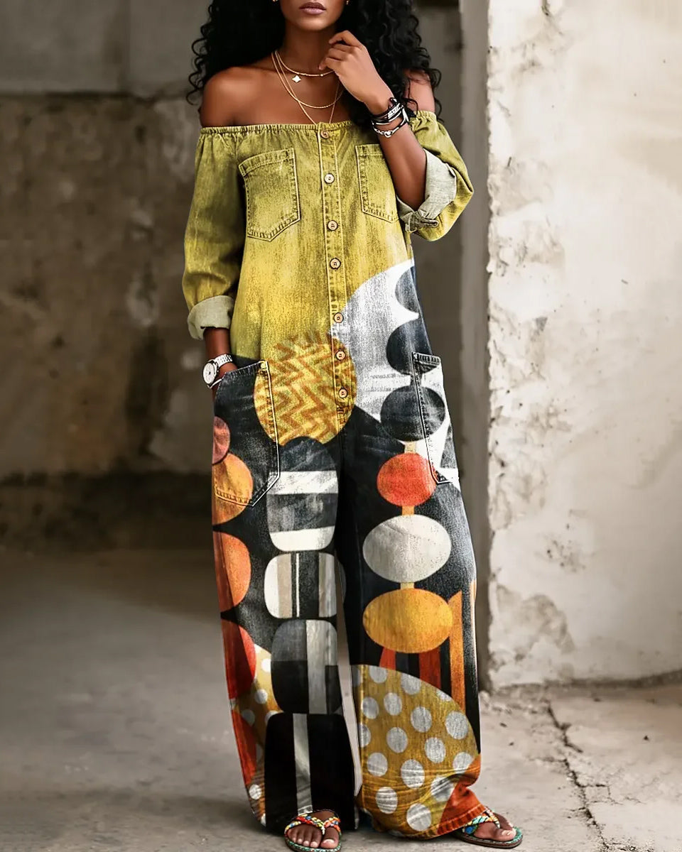 Abstract Geometric Art Off-shoulder Pocket Jumpsuit