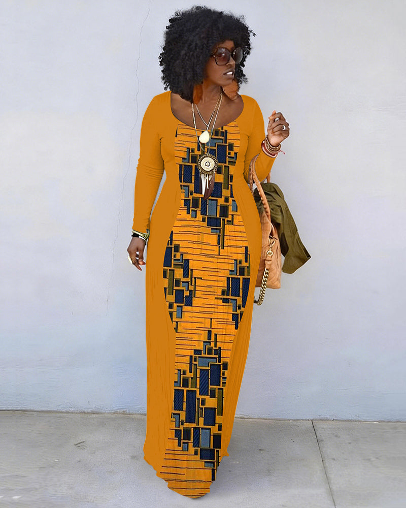 African Textile Design Print Crew Neck Long Sleeve Dress