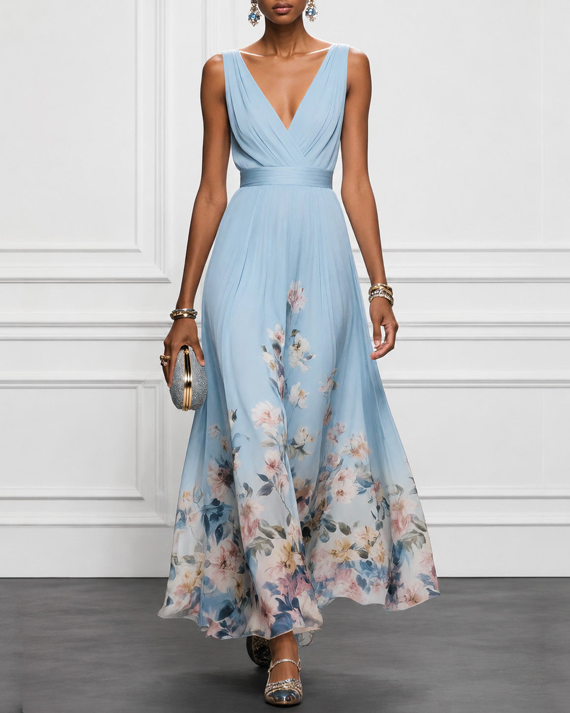 Light Blue Floral Chiffon V Neck Sleeveless A-Line Maxi Dress