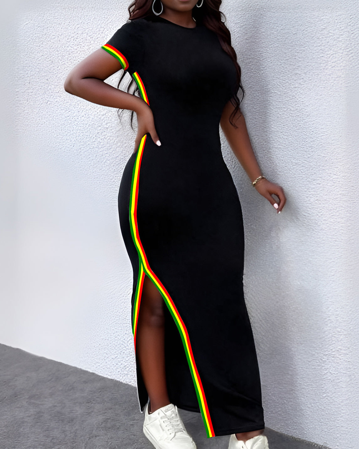 Reggae Stripe Hem Slit Crew Neck Short Sleeve Dress