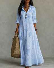 Fashionable Lace Cotton Linen Floral Print Dress