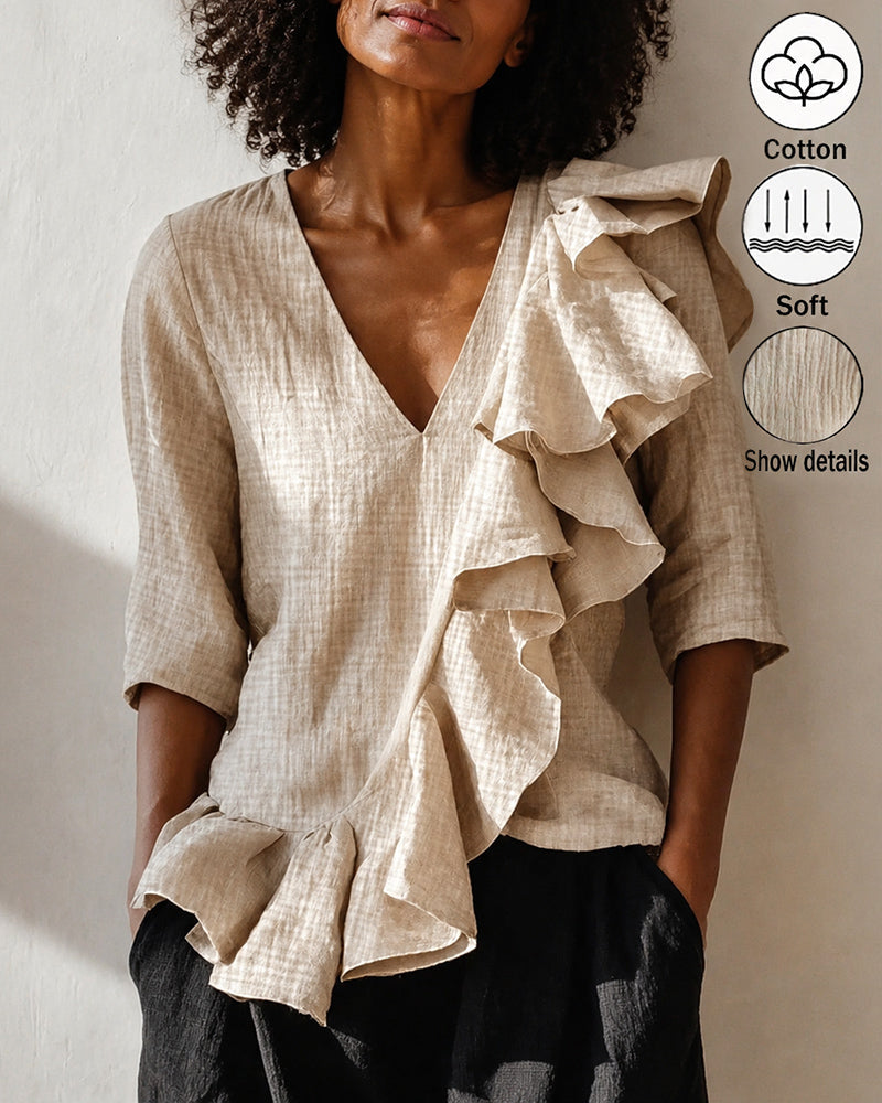 Cotton Linen V-neck Ruffled Loose Mid-length Sleeve Shirt
