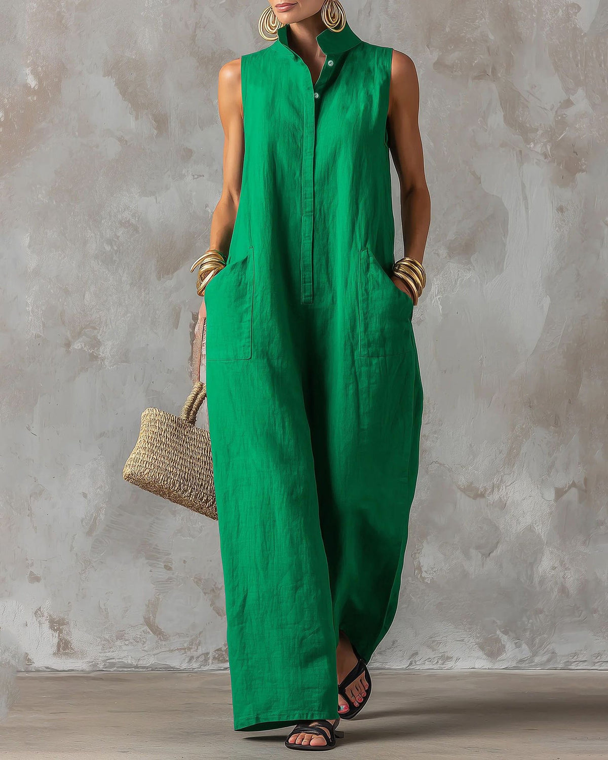 Stand-up Collar Sleeveless Linen Button-down Loose Wide-leg Jumpsuit