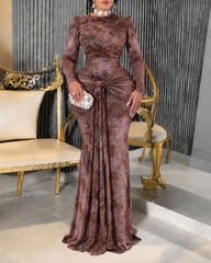 Elegant Floral Printed Long Sleeve Mermaid Maxi Dress