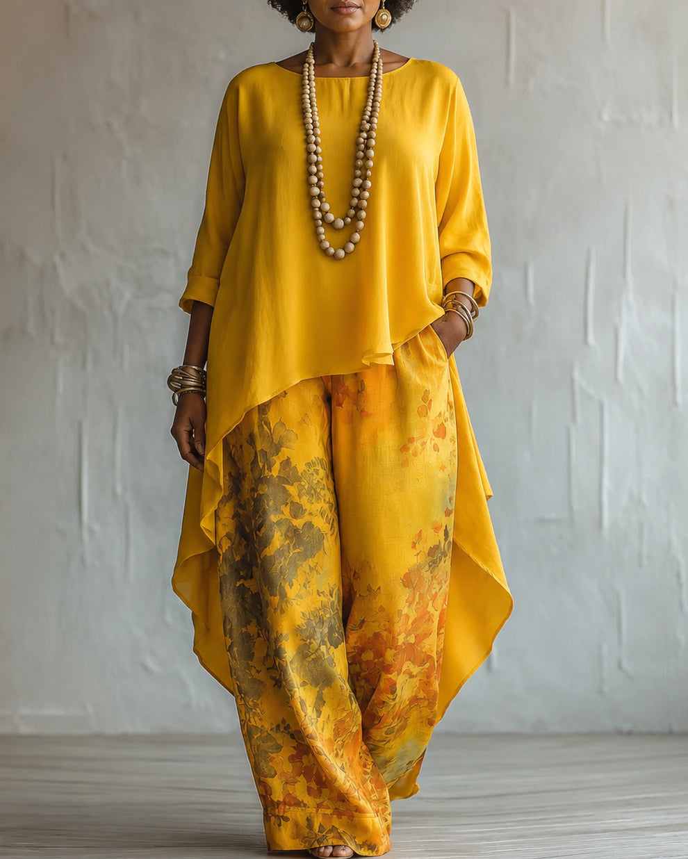Irregular Long-sleeved Top and Wide-leg Pants Two-piece Set