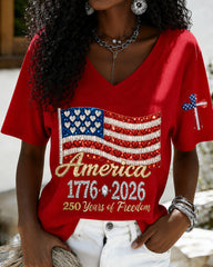 100% Cotton USA 250th Anniversary Sublimation V Neck Short Sleeve Tshirt