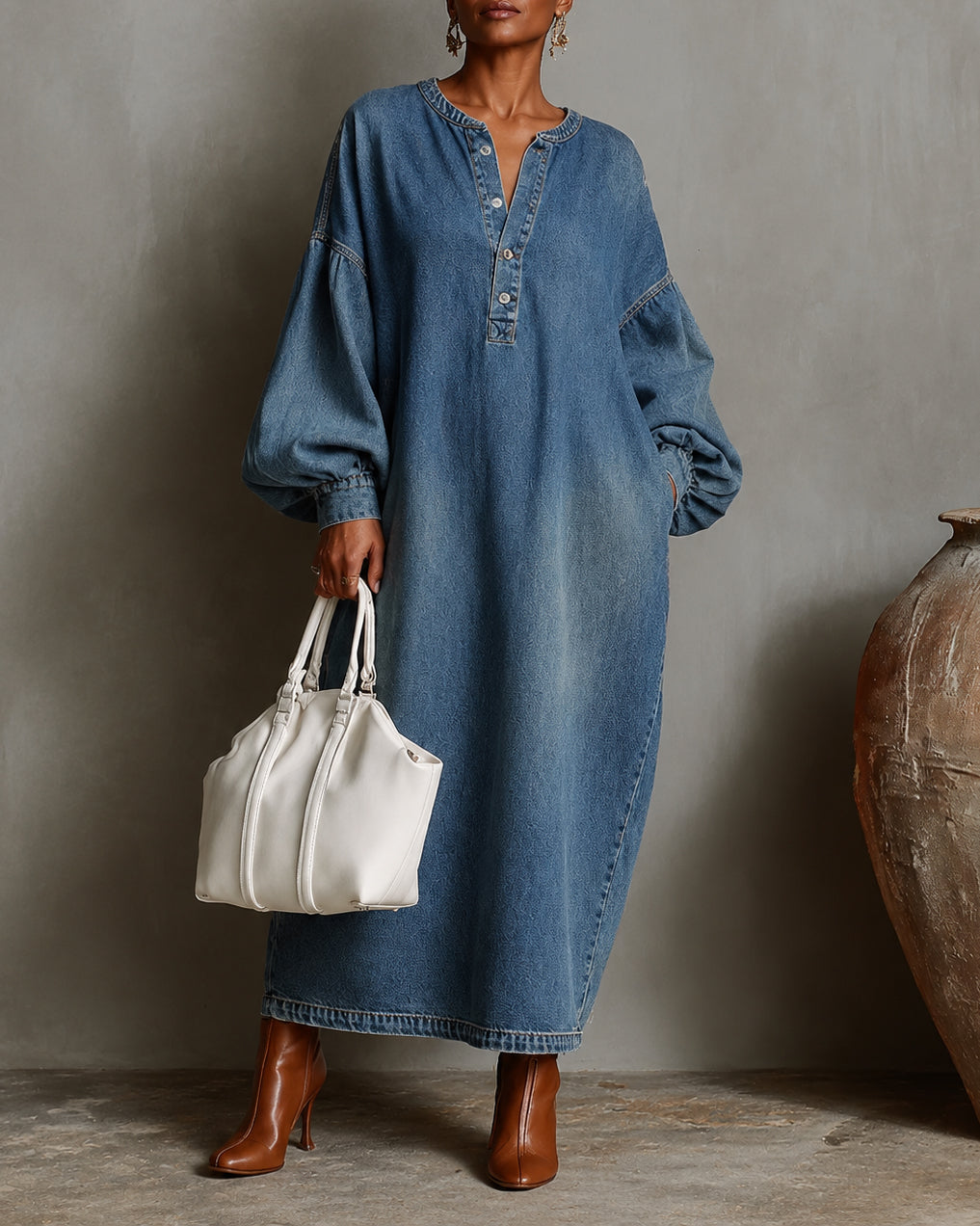 Washed Denim Henley Collar Lantern Sleeve Dress