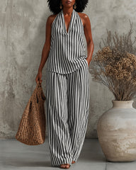 Simple Vertical Stripes V-neck Cotton Linen Vest and Wide-leg Pants Two-piece Set