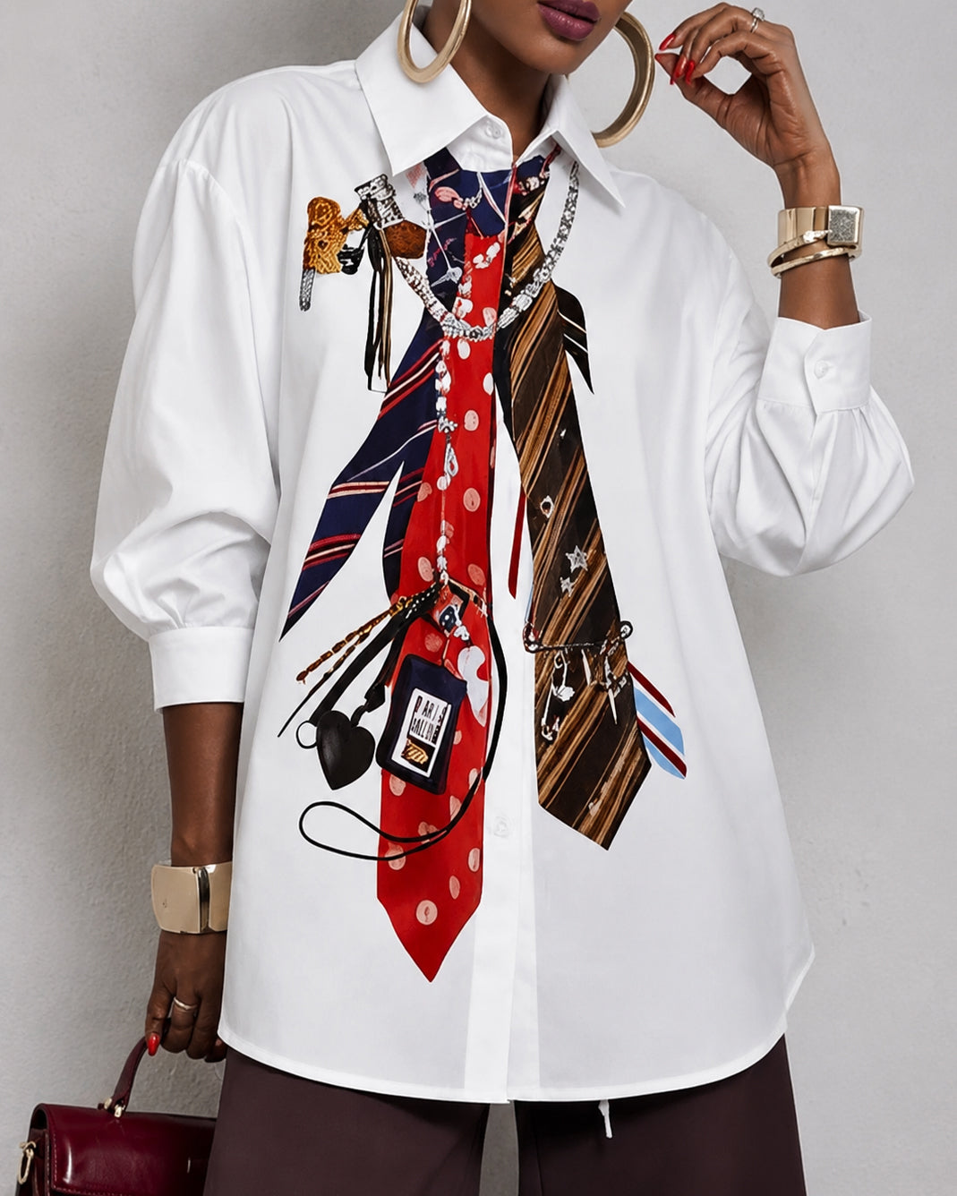 Loose Three-Quarter Sleeves Buttoned Contrast Color Printed Split-Joint Lapel Blouses&Shirts Tops