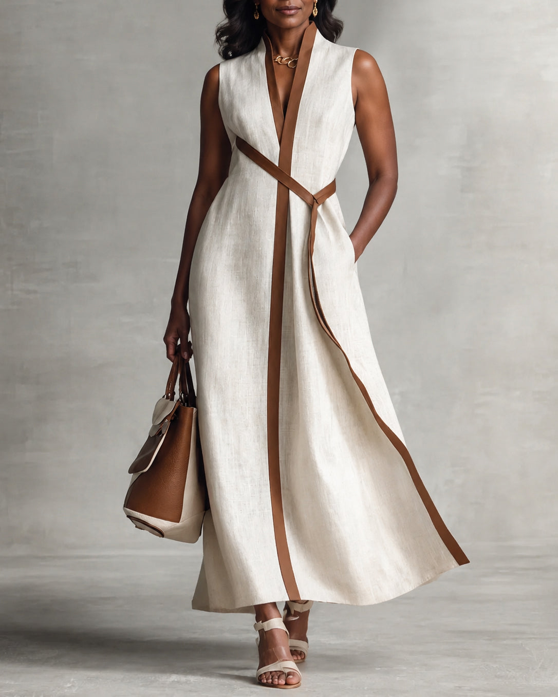 Women's Color Block Sleeveless Stand Collar Linen Blend Dress