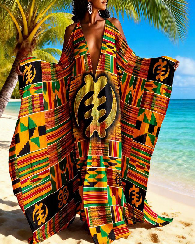 Colorful Ankara Gye Nyame Off-shoulder V-neck Long Kaftan Dress