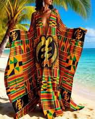 Colorful Ankara Gye Nyame Off-shoulder V-neck Long Kaftan Dress