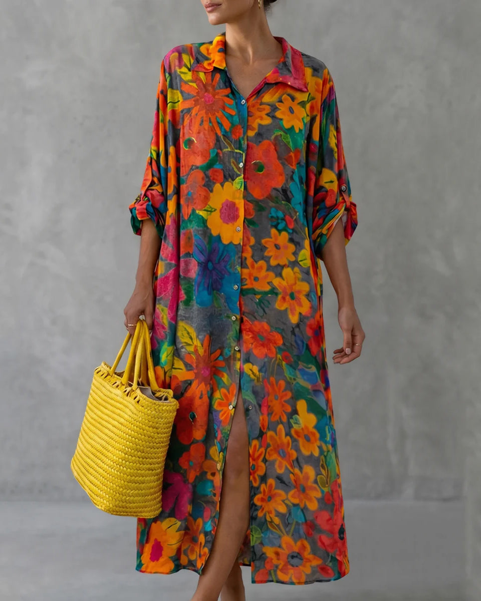 Half Sleeves Loose Buttoned Contrast Color Floral Printed Split-Front Lapel Maxi Dresses Shirt Dress