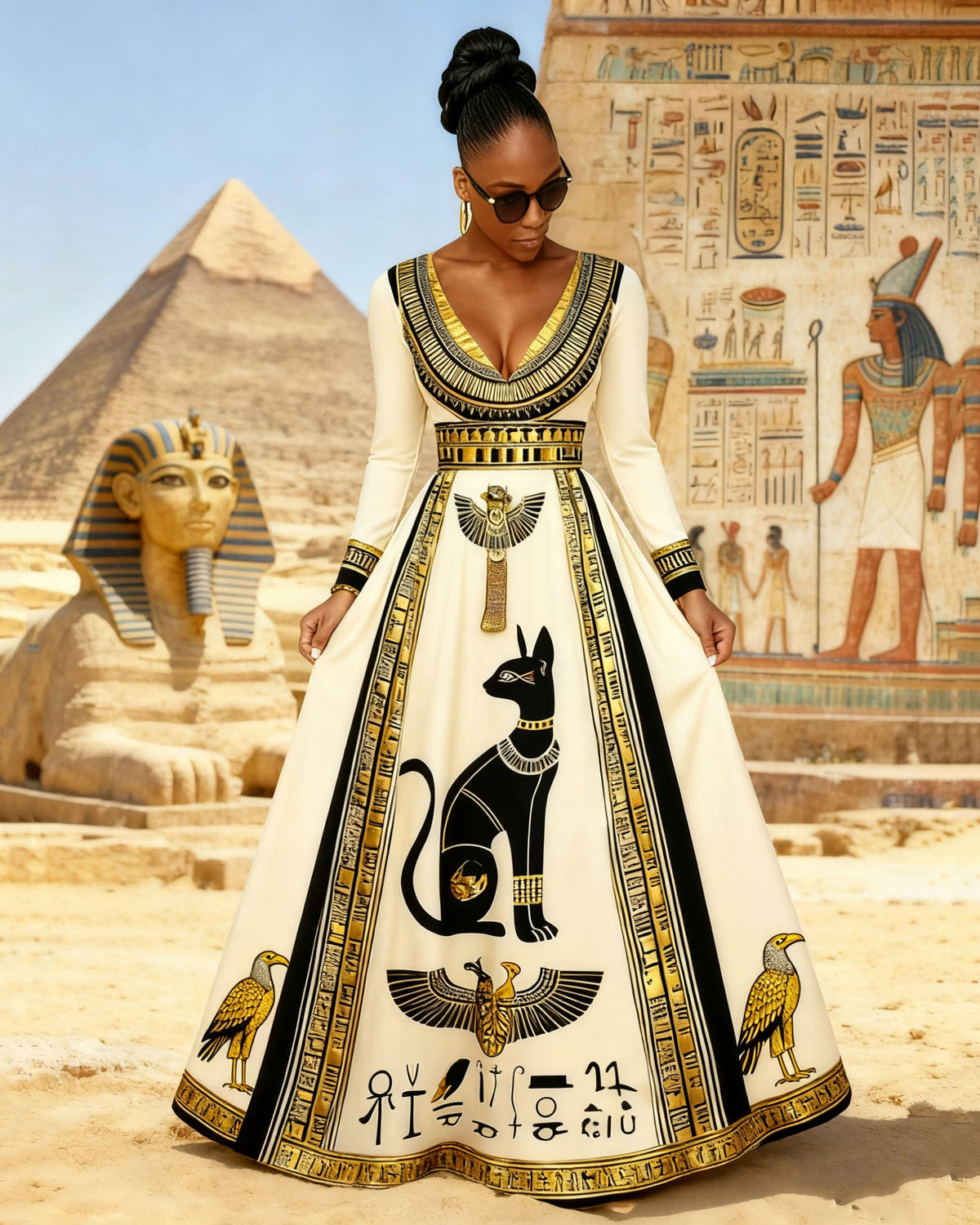 V Neck Black Culture Egyptian Cats Long Sleeves Maxi Dress
