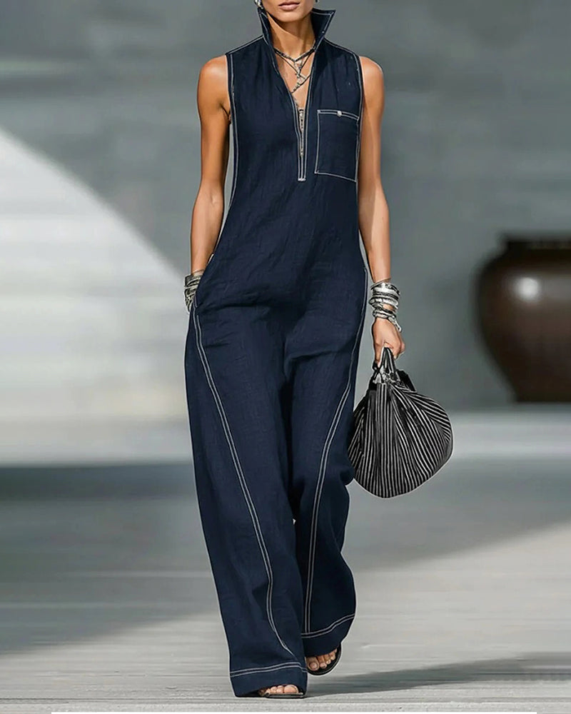 Stand-up Collar Sleeveless Casual Loose Pocket Cotton Linen Jumpsuit