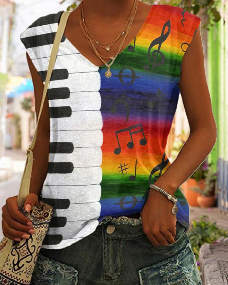 Note Color Block Print Casual Tank Top