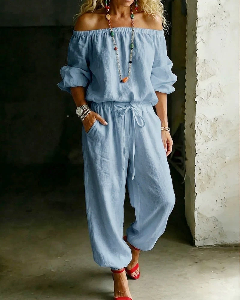 Off-Shoulder Solid Color Cotton Linen Tie Waist Cinched Waist Jumpsuit